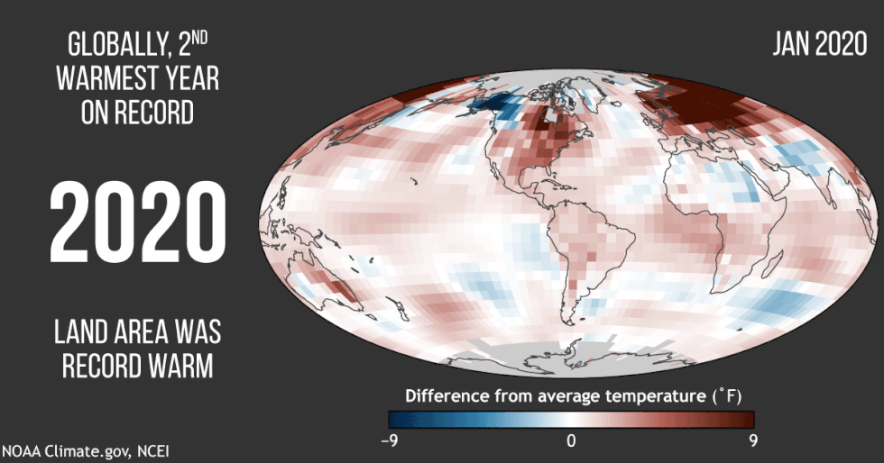 A month-by-month animation of temperatures for January through December 2020 compared to the...