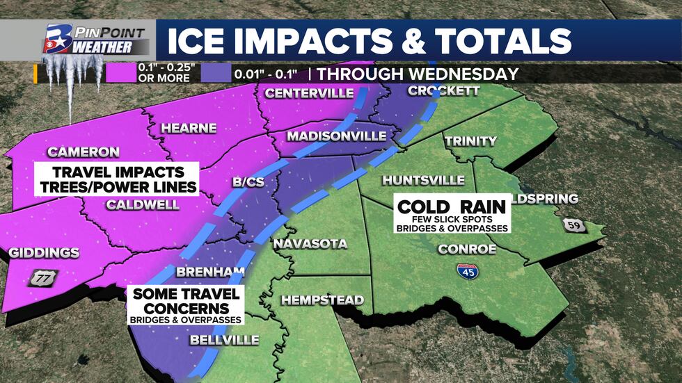 Ice impacts and totals through Wednesday