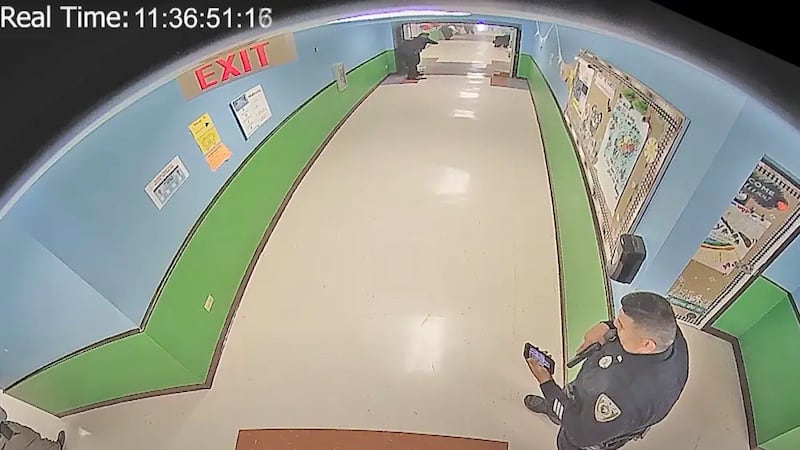 A screenshot from leaked footage shows a law enforcement officer checking his phone inside...