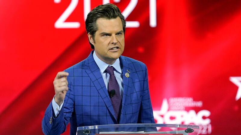 In this Feb. 26, 2021, file photo Rep. Matt Gaetz, R-Fla.,, speaks at the Conservative...