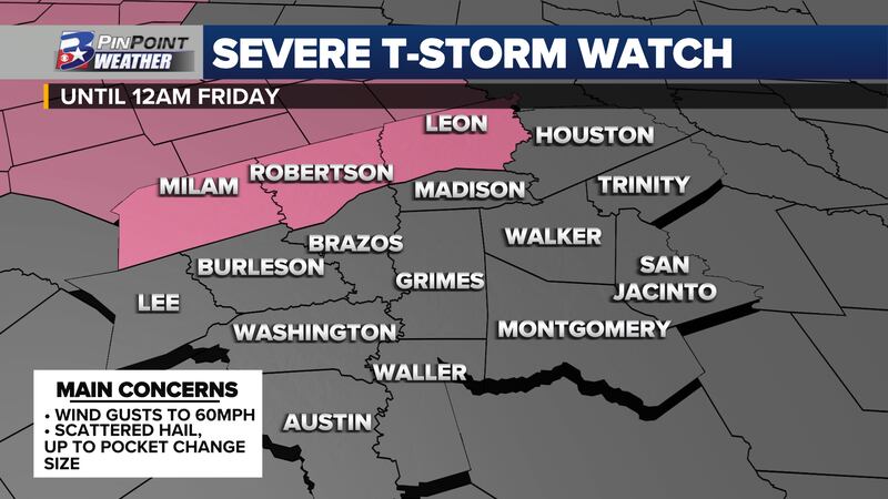 Strong wind gusts and pocket change size hail could near the northern Brazos Valley by midnight