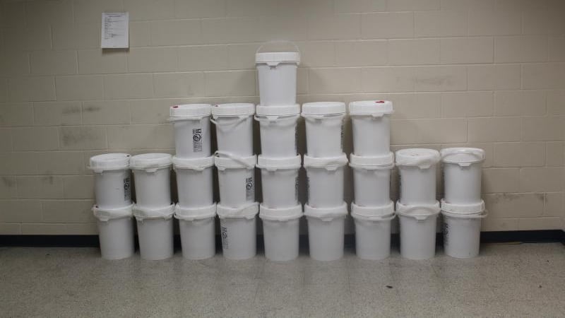 Buckets containing nearly 913 pounds of
methamphetamine seized by CBP officers at World Trade...