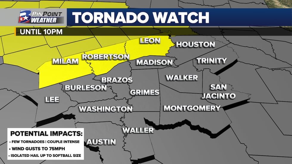 A Tornado Watch has been issued for Milam, Robertson, and Leon counties until 10pm tonight.