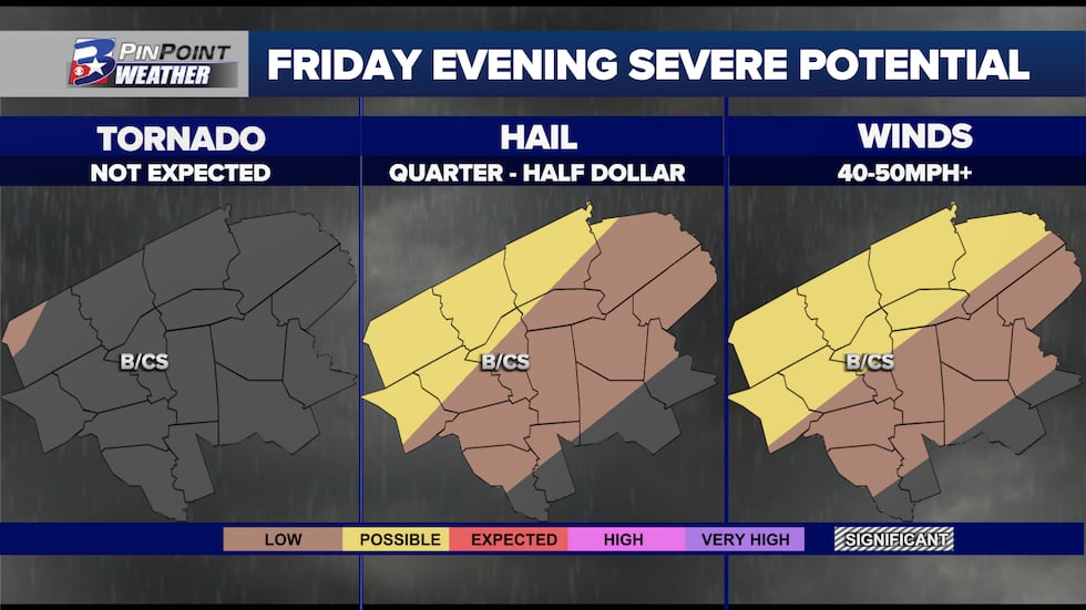 Potential severe weather impacts, per the Storm Prediction Center