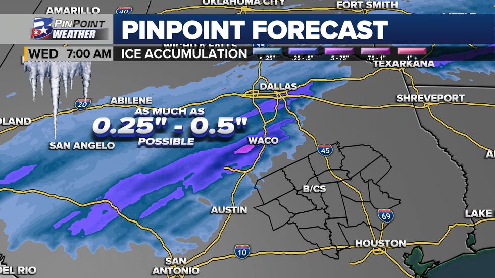 Sunday night forecast for where the highest ice accumulation potential is located through...
