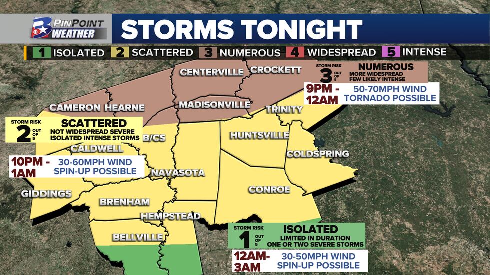 The 3 out of 5 risk has been pulled down further south to include more of the Brazos Valley.