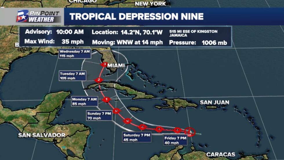 10 am Friday update for Tropical Depression Nine