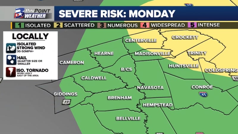 The Storm Prediction Center has outlined the Brazos Valley in a potential for one or two...