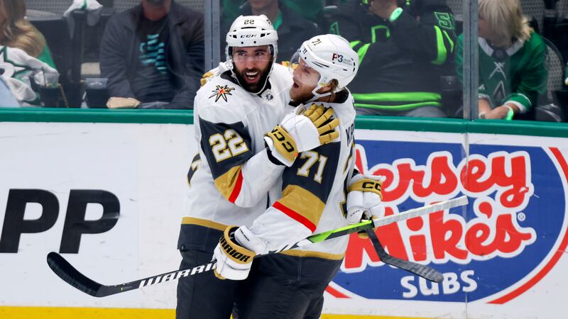 Vegas Golden Knights center William Karlsson (71) celebrates with right wing Michael Amadio...