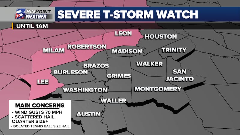 The Severe Thunderstorm Watch for parts of the Brazos Valley has been EXTENDED to 1am