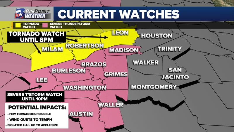 Much of the Brazos Valley is under a WATCH for the possibility of severe weather Friday Evening
