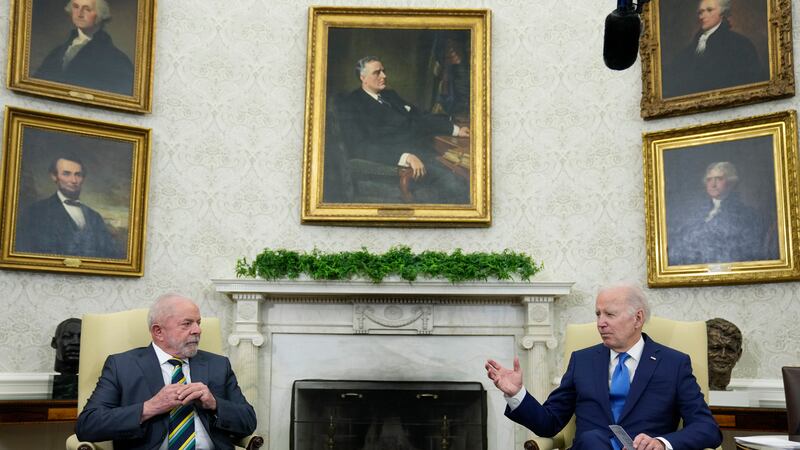 FILE - President Joe Biden speaks during a meeting with Brazil's President Luiz Inacio Lula da...