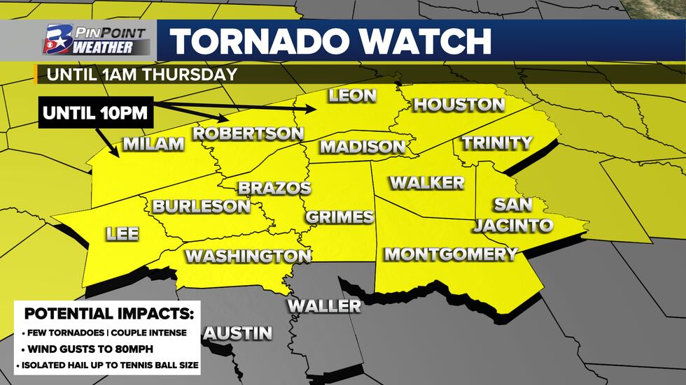 Tornado Watch issued for the majority of the Brazos Valley until 1am