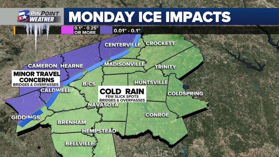 Ice impacts for the Brazos Valley for Monday 1/30