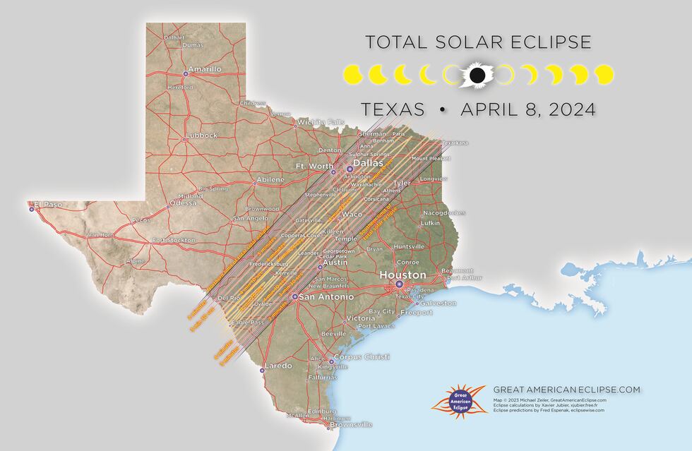 Total solar eclipse path across Texas - April 8th