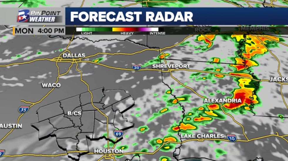 Forecast radar for late Monday afternoon as storms move east of Texas