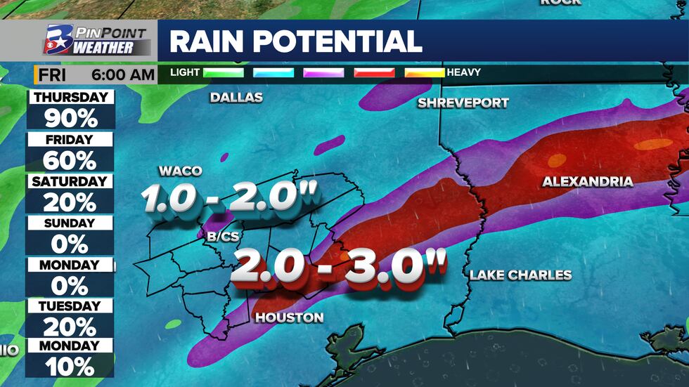 2-3" of rain possible in the Southeastern portions of the Brazos Valley