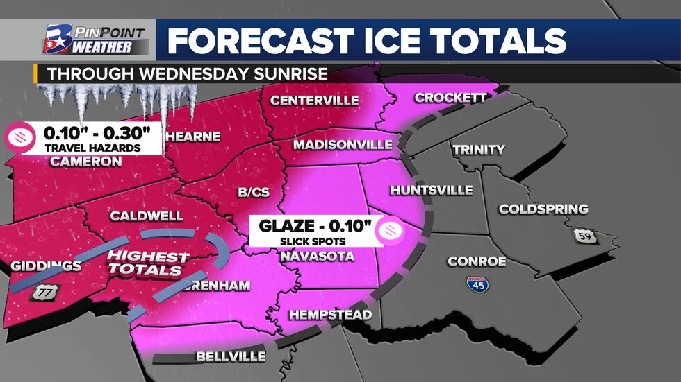Forecast ice accumulation totals through Wednesday morning