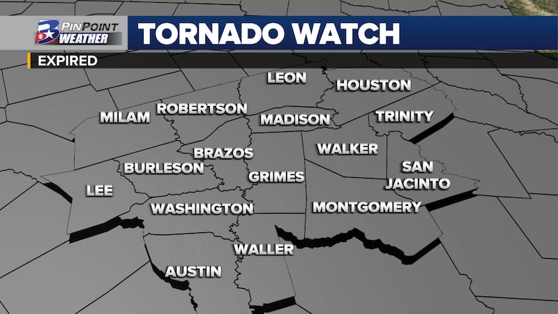 All Brazos Valley counties are no longer included in the tornado watch.